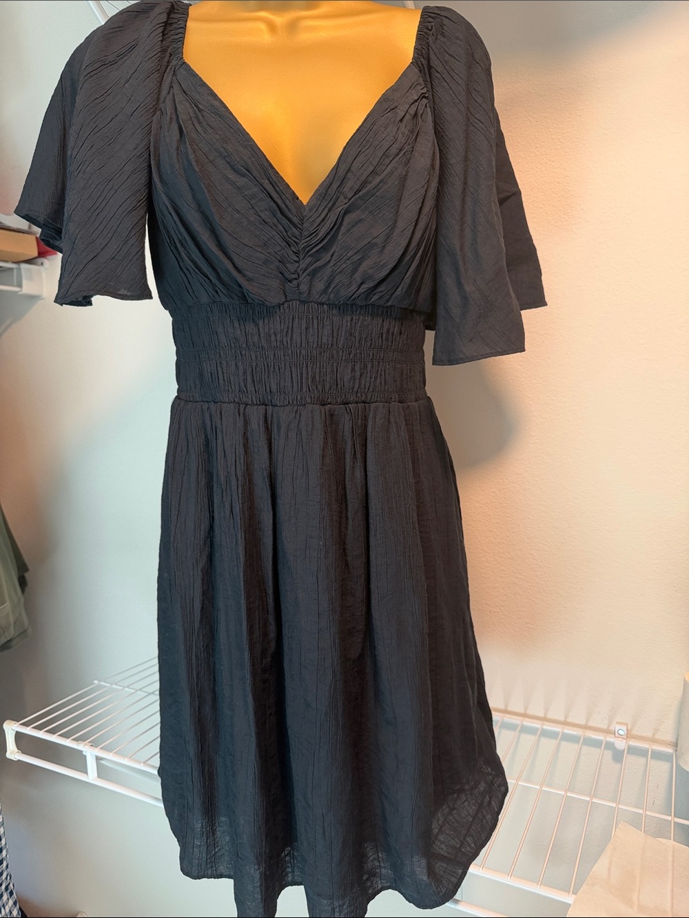 Abercrombie & Fitch Black V-Neck Smocked-Waist Midi Dress